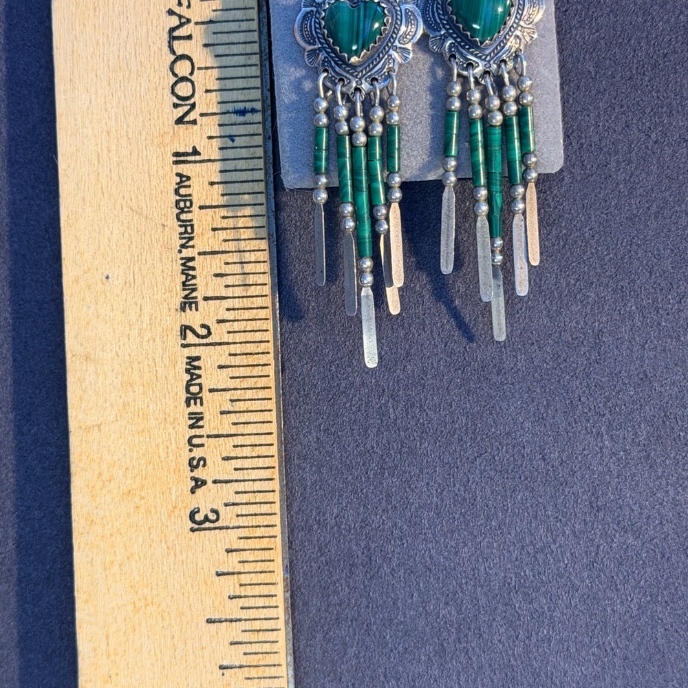 Vintage 925 Sterling Silver Malachite Heart Fringe Dangle Earrings Native Navajo - Picture 8 of 8